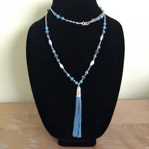 Denim & Co Long Beaded Tassel Necklace Turquoise Silver Tone Pendant Long Bold